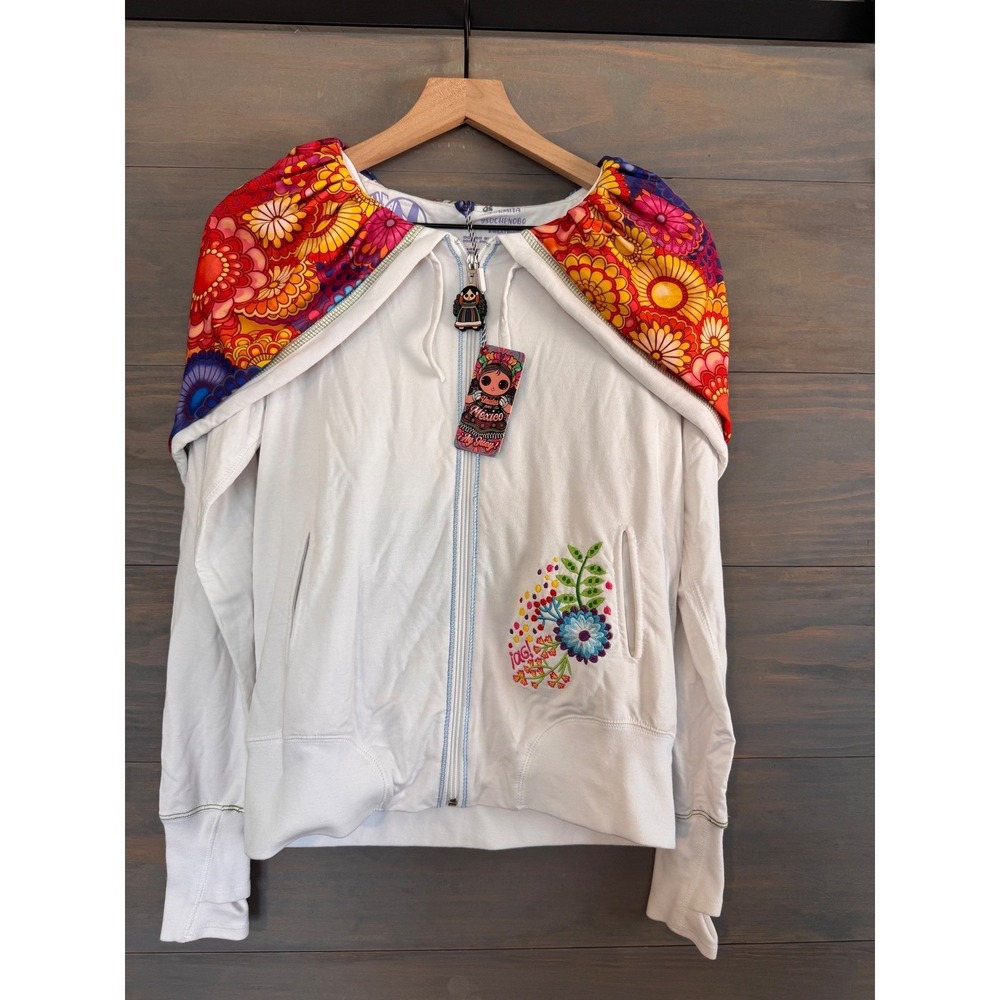 Ay Guey Normita Frida Kahlo‎ Embroidered Zip Up Hoodie White Floral Sweatshirt